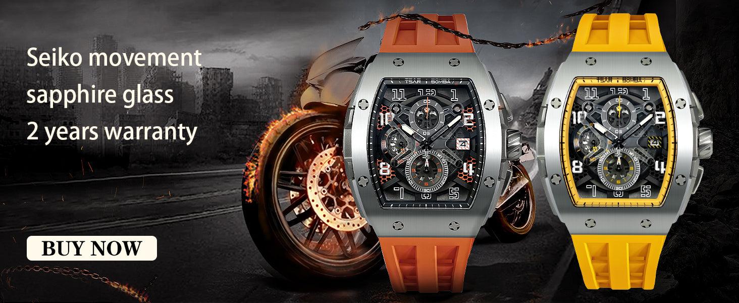 TSAR BOMBA Luxury Tonneau Clock 50M Waterproof Stainless Steel Carauana Store