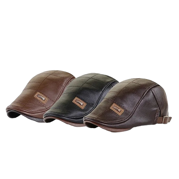 Three leather caps in brown, green, and black