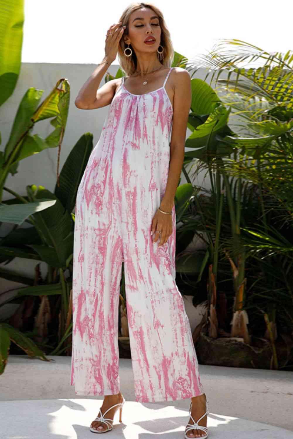 Tie-Dye Spaghetti Strap Jumpsuit with Pockets Carauana Store