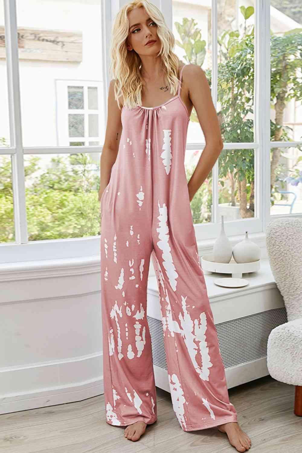 Tie-Dye Spaghetti Strap Jumpsuit with Pockets Carauana Store