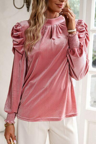 Tie Up Mock Neck Velvet Fabric Long Sleeve Blouse Carauana Store