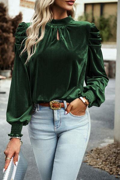 Tie Up Mock Neck Velvet Fabric Long Sleeve Blouse Carauana Store
