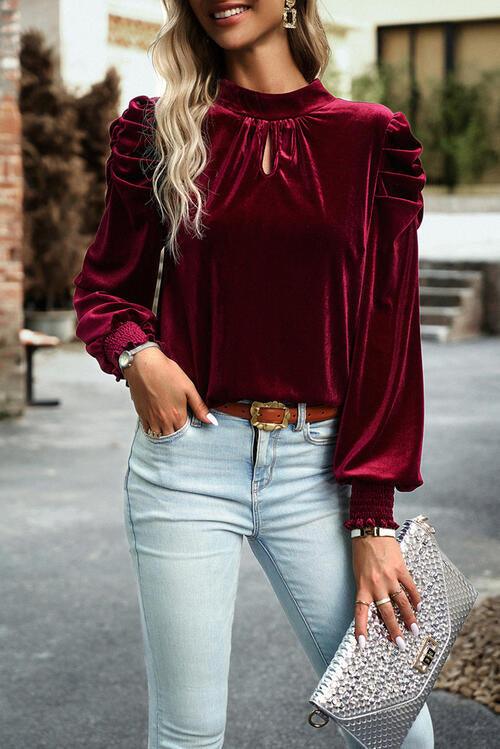 Tie Up Mock Neck Velvet Fabric Long Sleeve Blouse Carauana Store