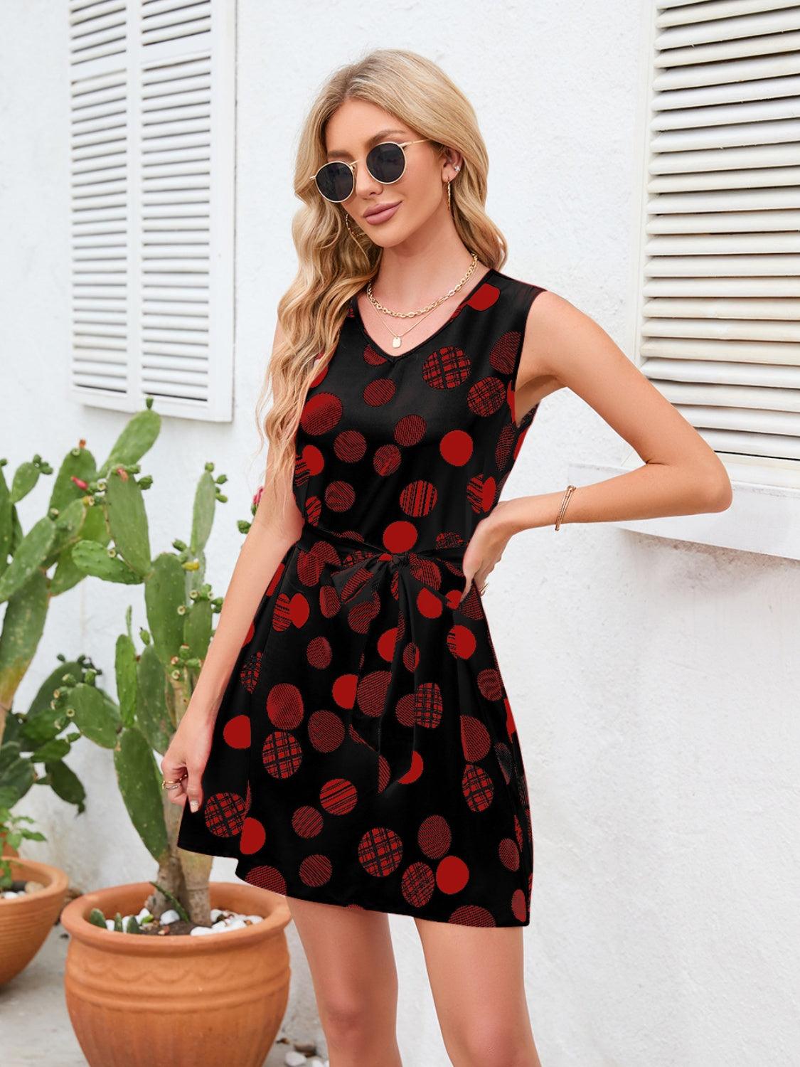 Tied Polka Dot V-Neck Dress Carauana Store