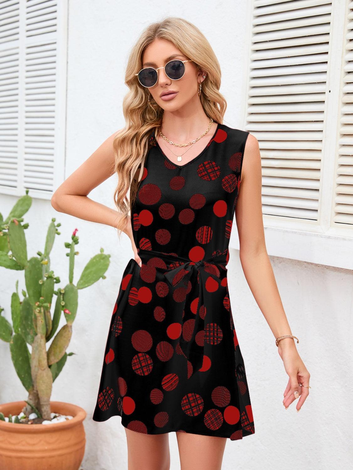 Tied Polka Dot V-Neck Dress Carauana Store