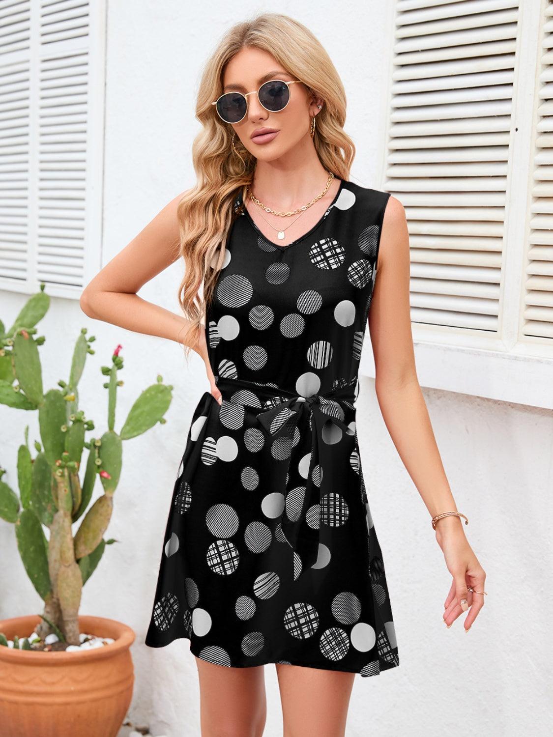 Tied Polka Dot V-Neck Dress Carauana Store