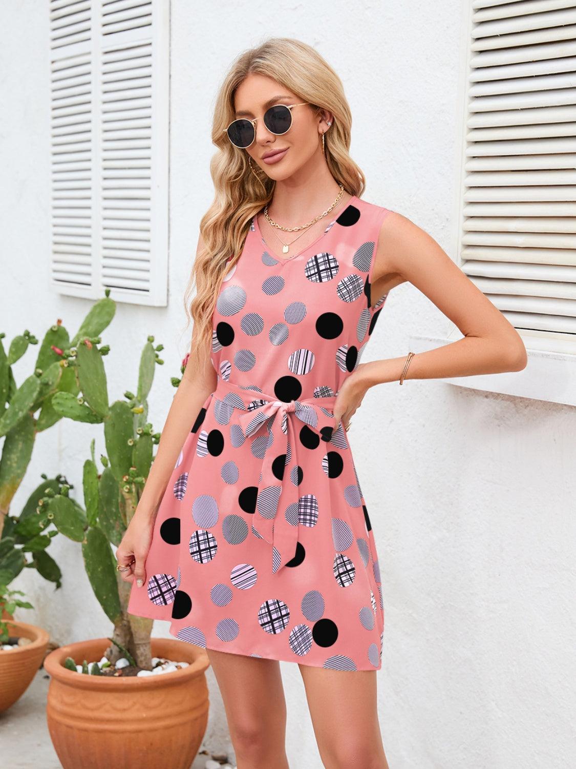 Tied Polka Dot V-Neck Dress Carauana Store
