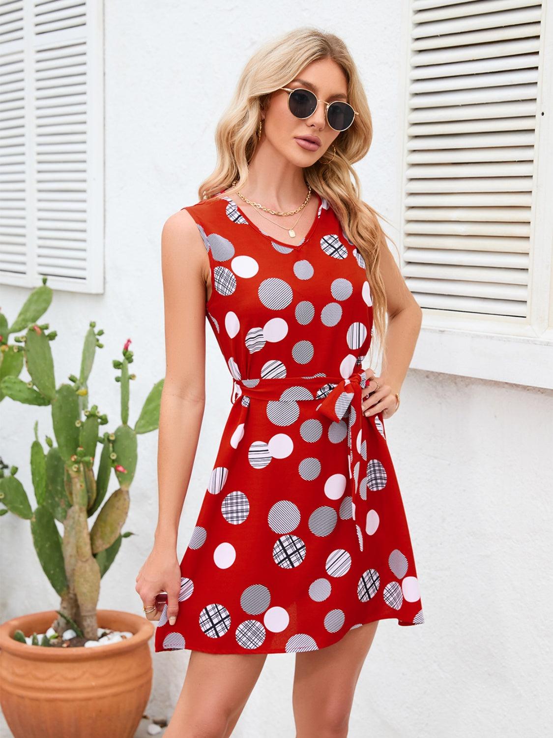 Tied Polka Dot V-Neck Dress Carauana Store