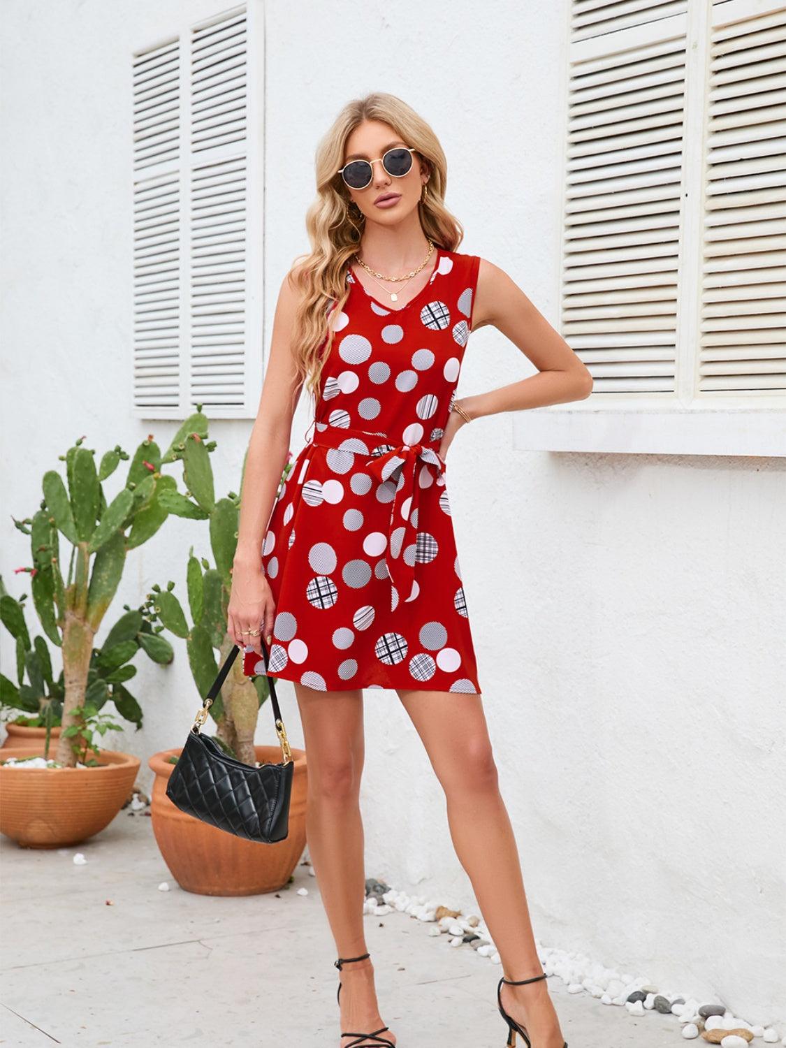 Tied Polka Dot V-Neck Dress Carauana Store