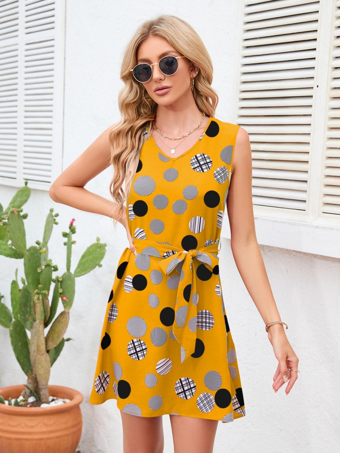 Tied Polka Dot V-Neck Dress Carauana Store