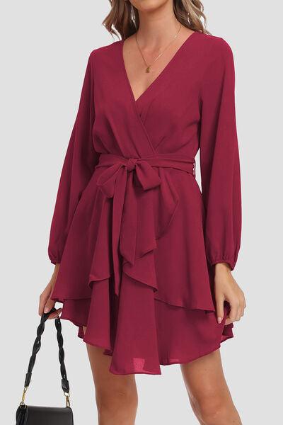 Tied Surplice Balloon Sleeve Layered Dress Carauana Store