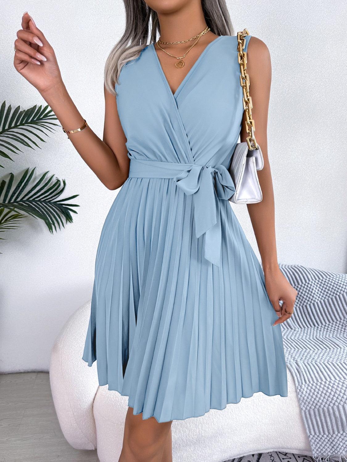 Tied Surplice Sleeveless Pleated Dress Carauana Store