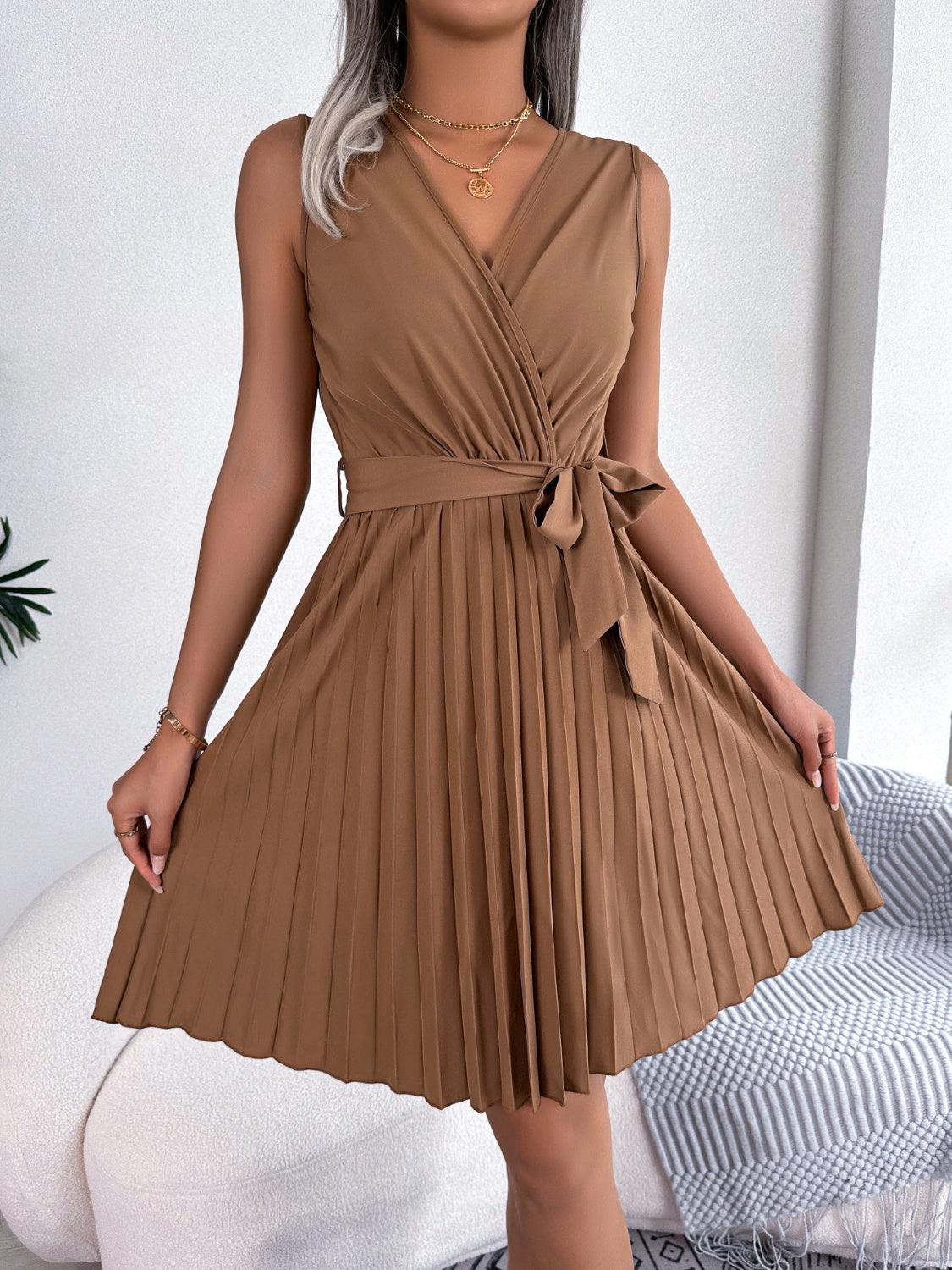 Tied Surplice Sleeveless Pleated Dress Carauana Store