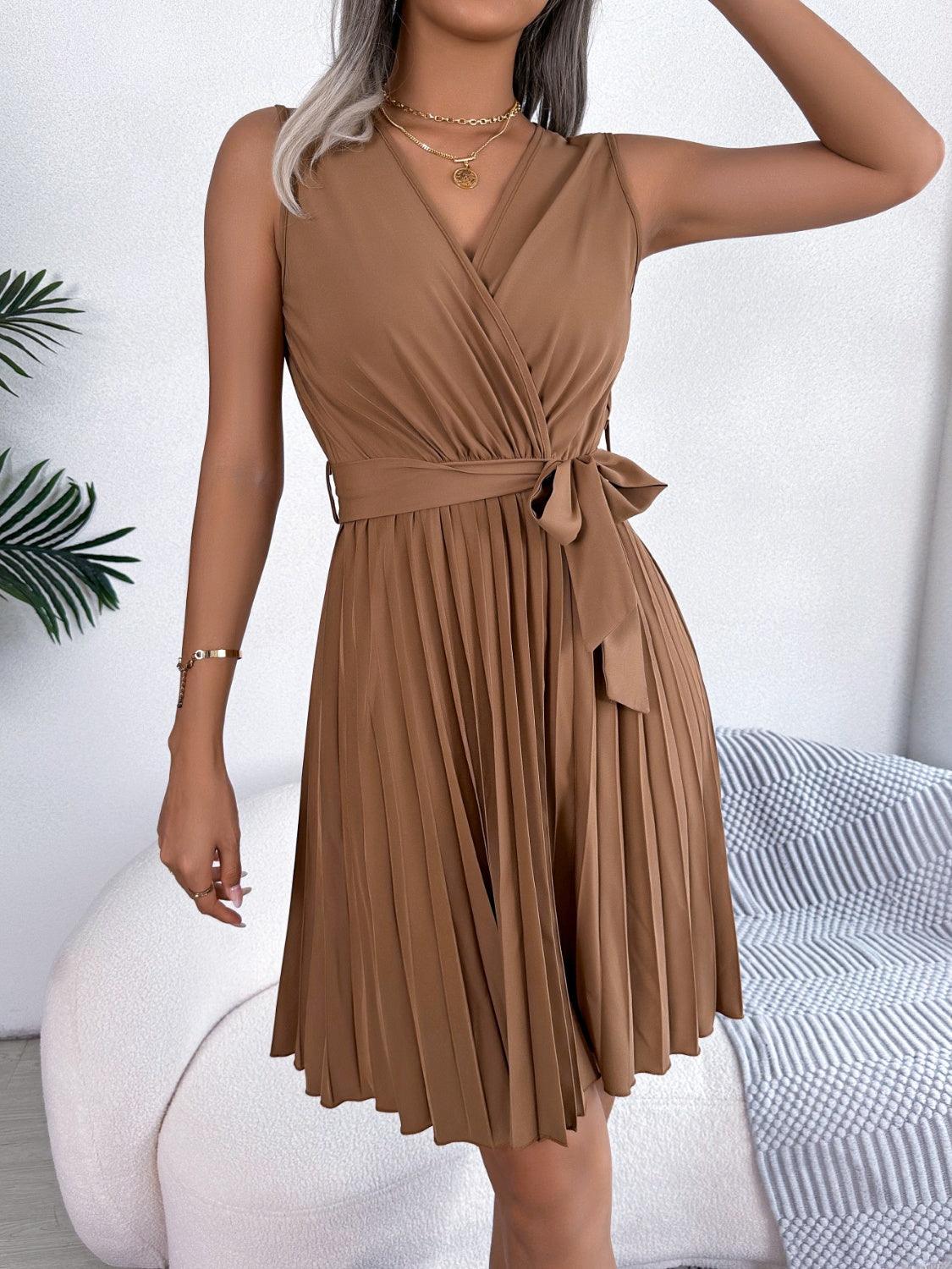 Tied Surplice Sleeveless Pleated Dress Carauana Store