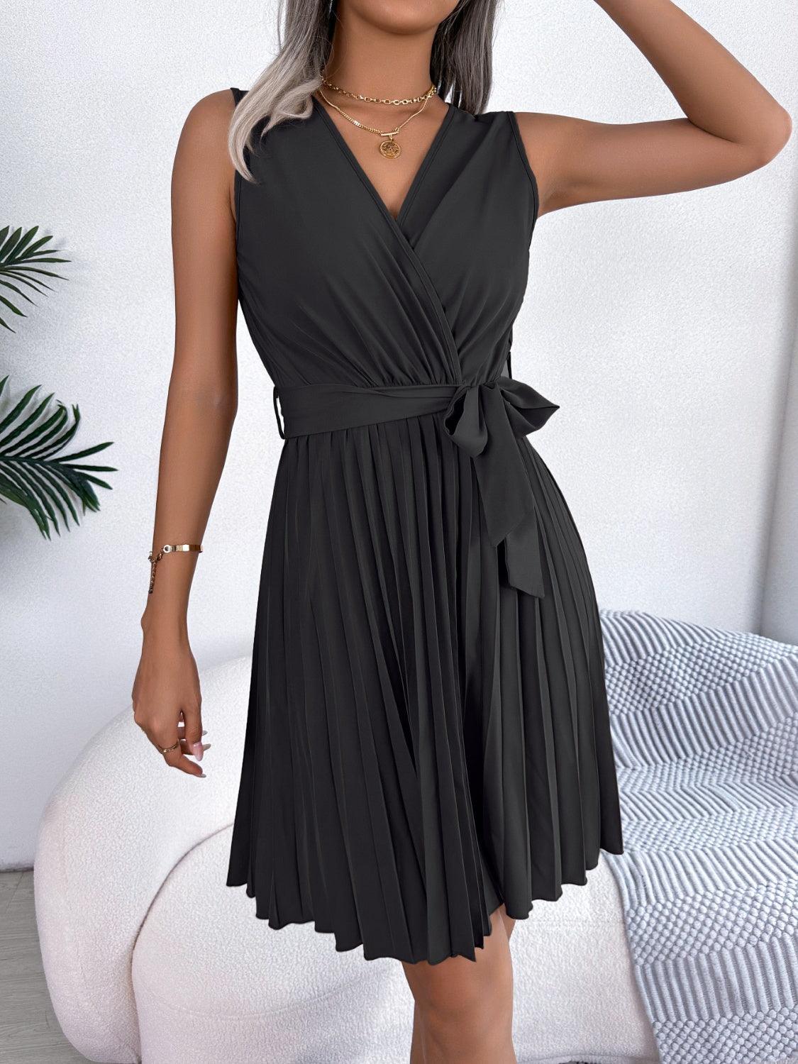 Tied Surplice Sleeveless Pleated Dress Carauana Store