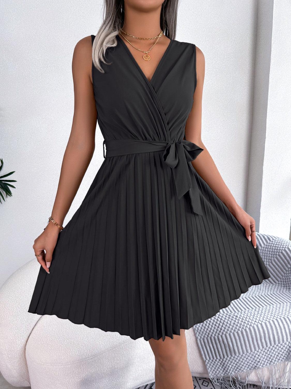 Tied Surplice Sleeveless Pleated Dress Carauana Store