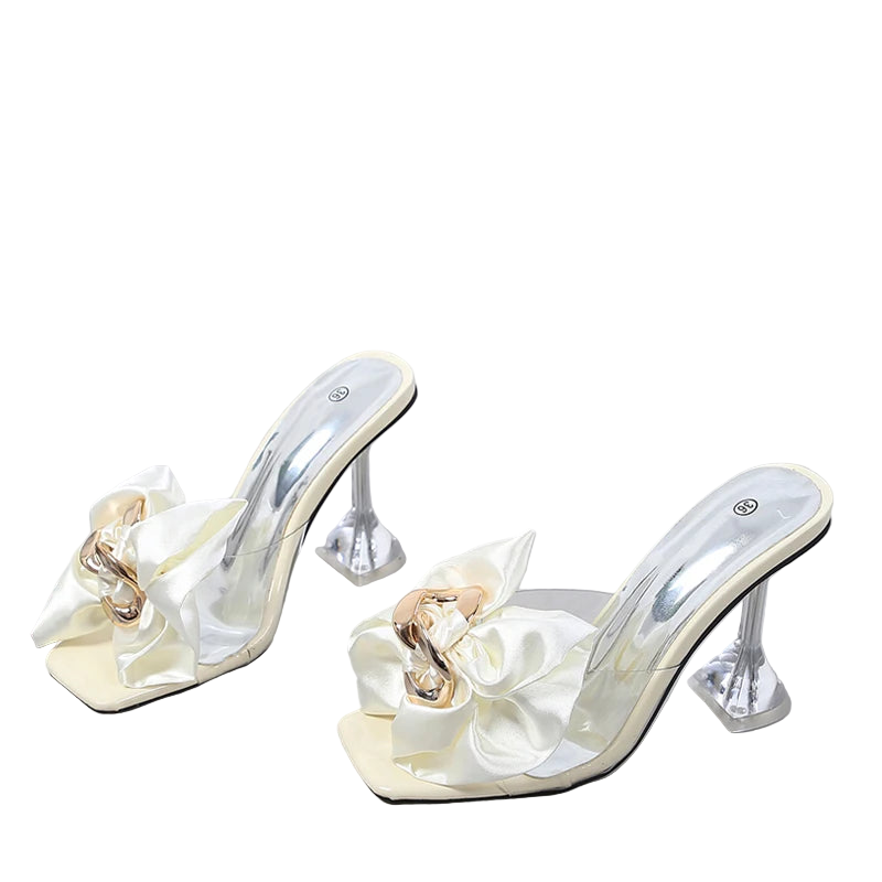Pair of high-heeled shoes with decorative bows