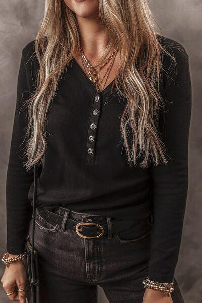 V-Neck Half Button long Sleeve T-Shirt Carauana Store