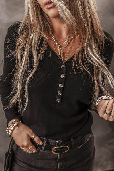 V-Neck Half Button long Sleeve T-Shirt Carauana Store
