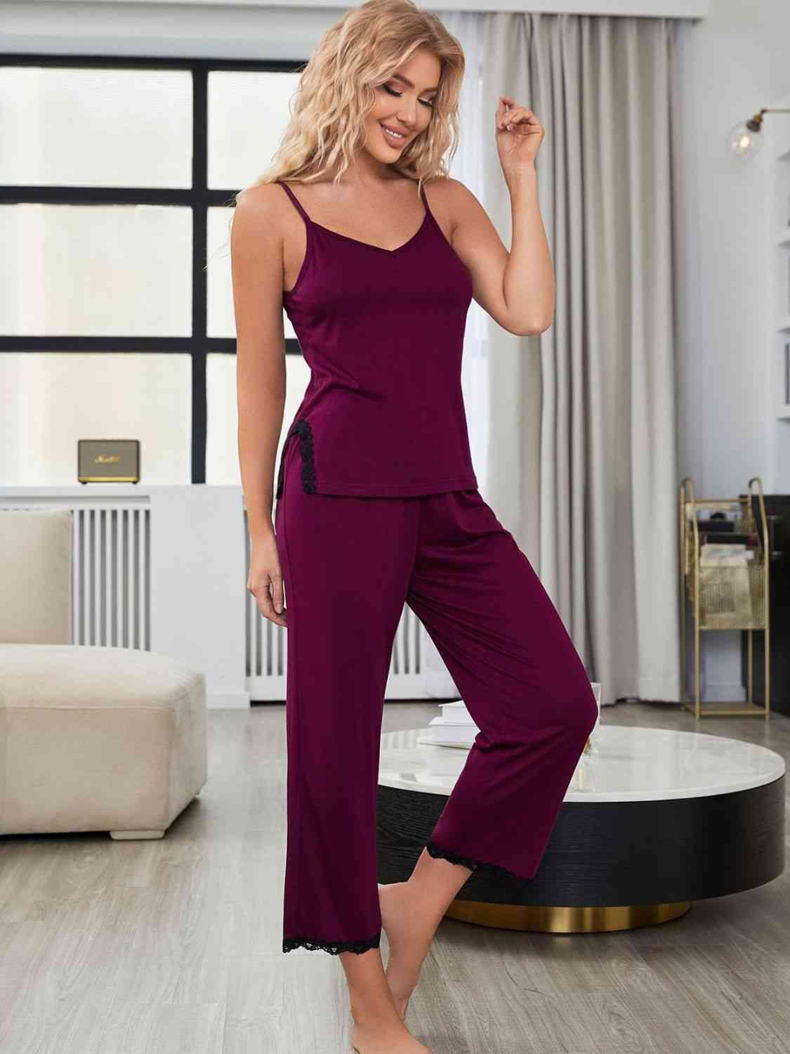 V-Neck Lace Trim Slit Cami and Pants Pajama Set Carauana Store