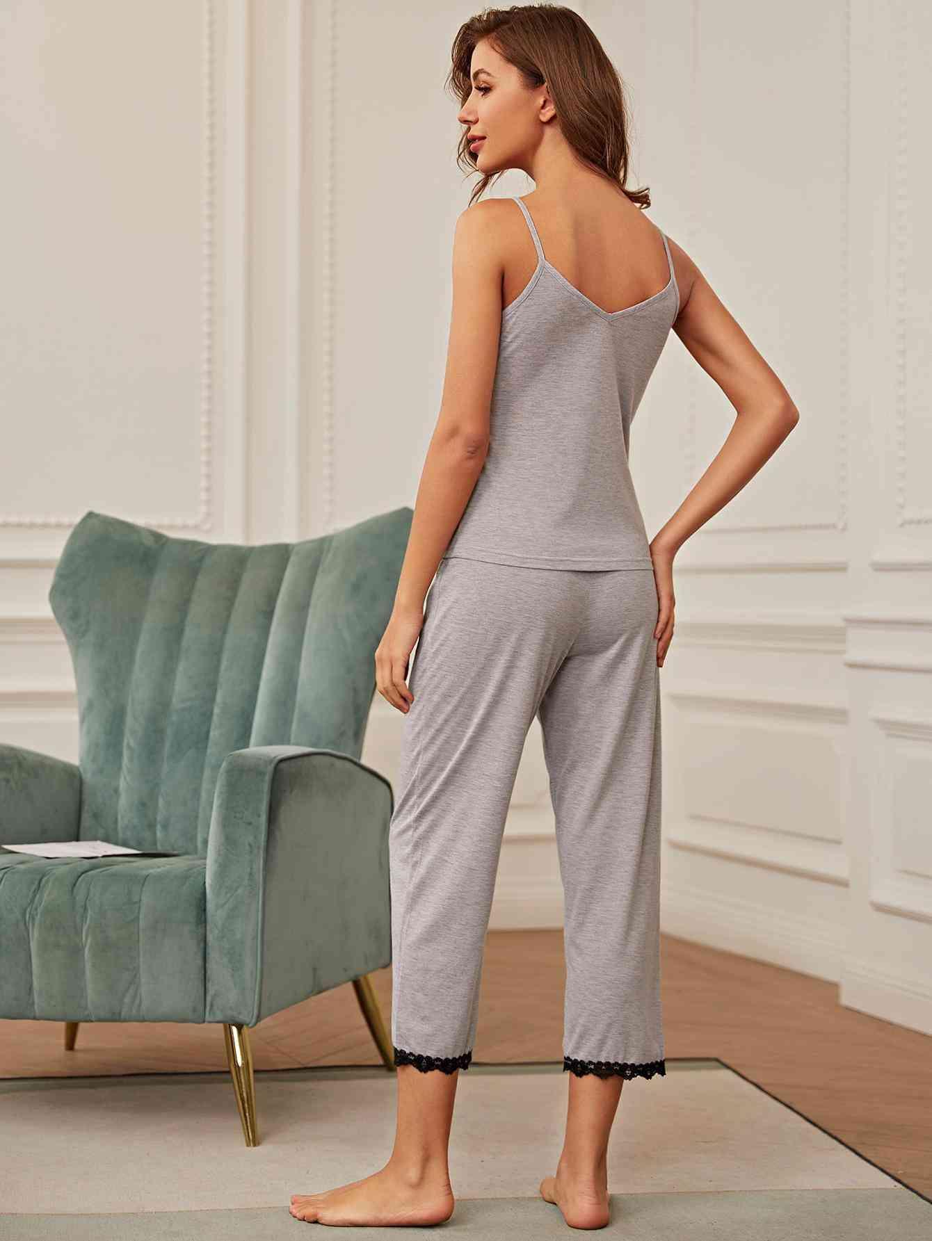 V-Neck Lace Trim Slit Cami and Pants Pajama Set Carauana Store