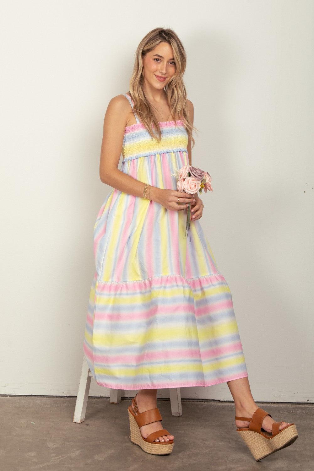 VERY J Striped Woven Smocked Midi Cami Dress Carauana Store