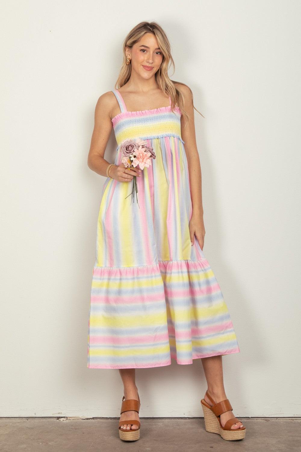VERY J Striped Woven Smocked Midi Cami Dress Carauana Store