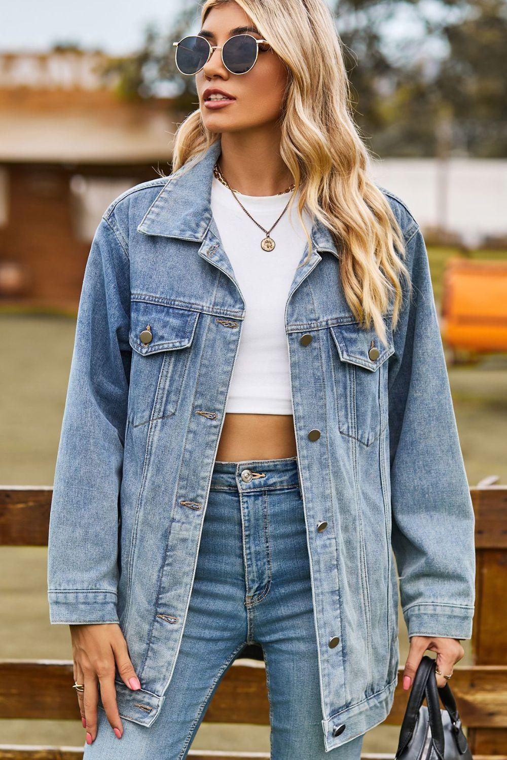 Buttoned Collared Neck Denim Jacket with Pockets Carauana Store
