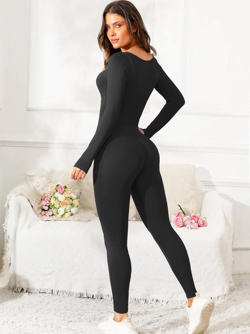Scoop Neck Long Sleeve Active Jumpsuit Carauana Store
