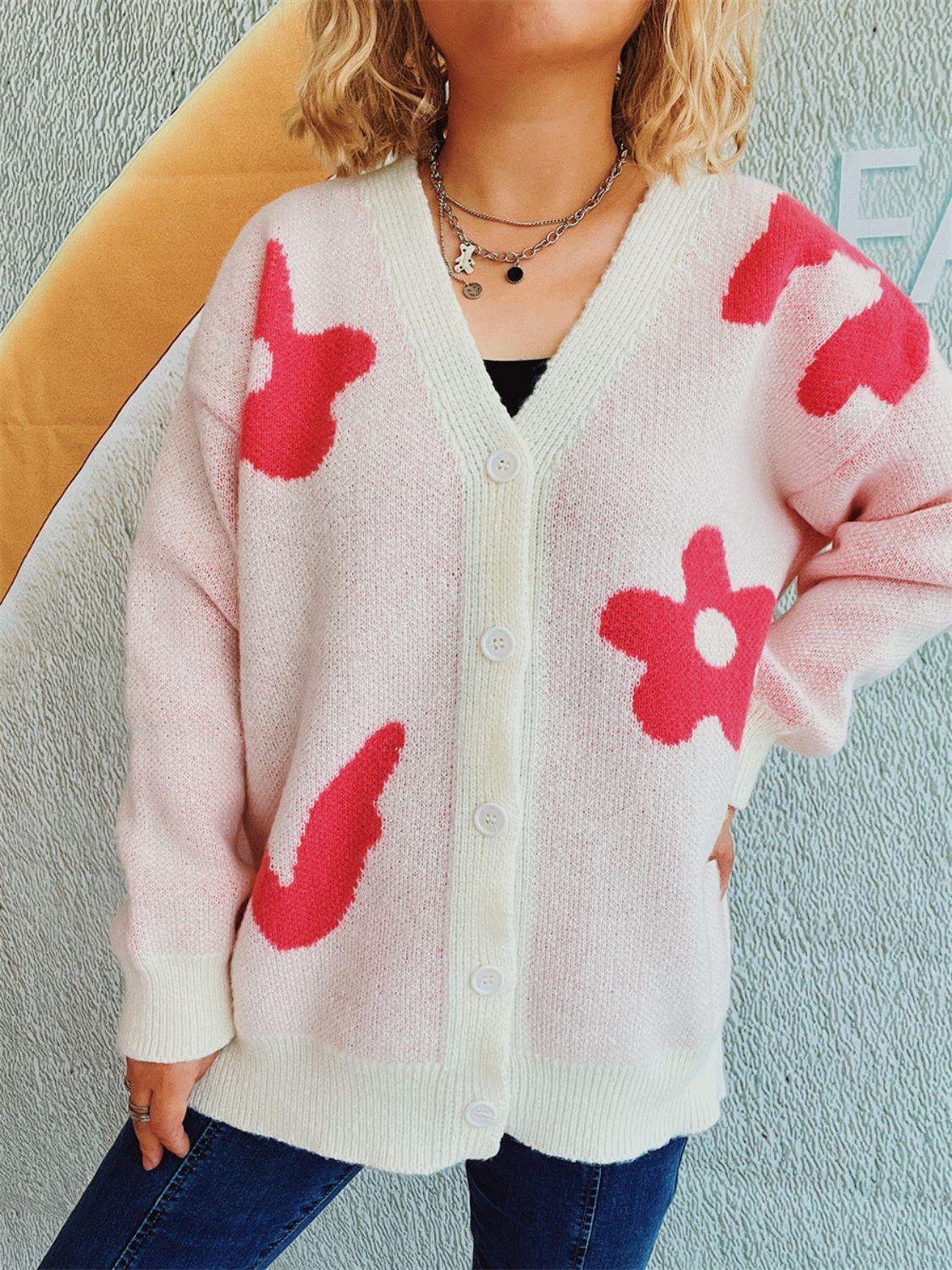 Flower Button Down V-Neck Long Sleeve Cardigan Carauana Store