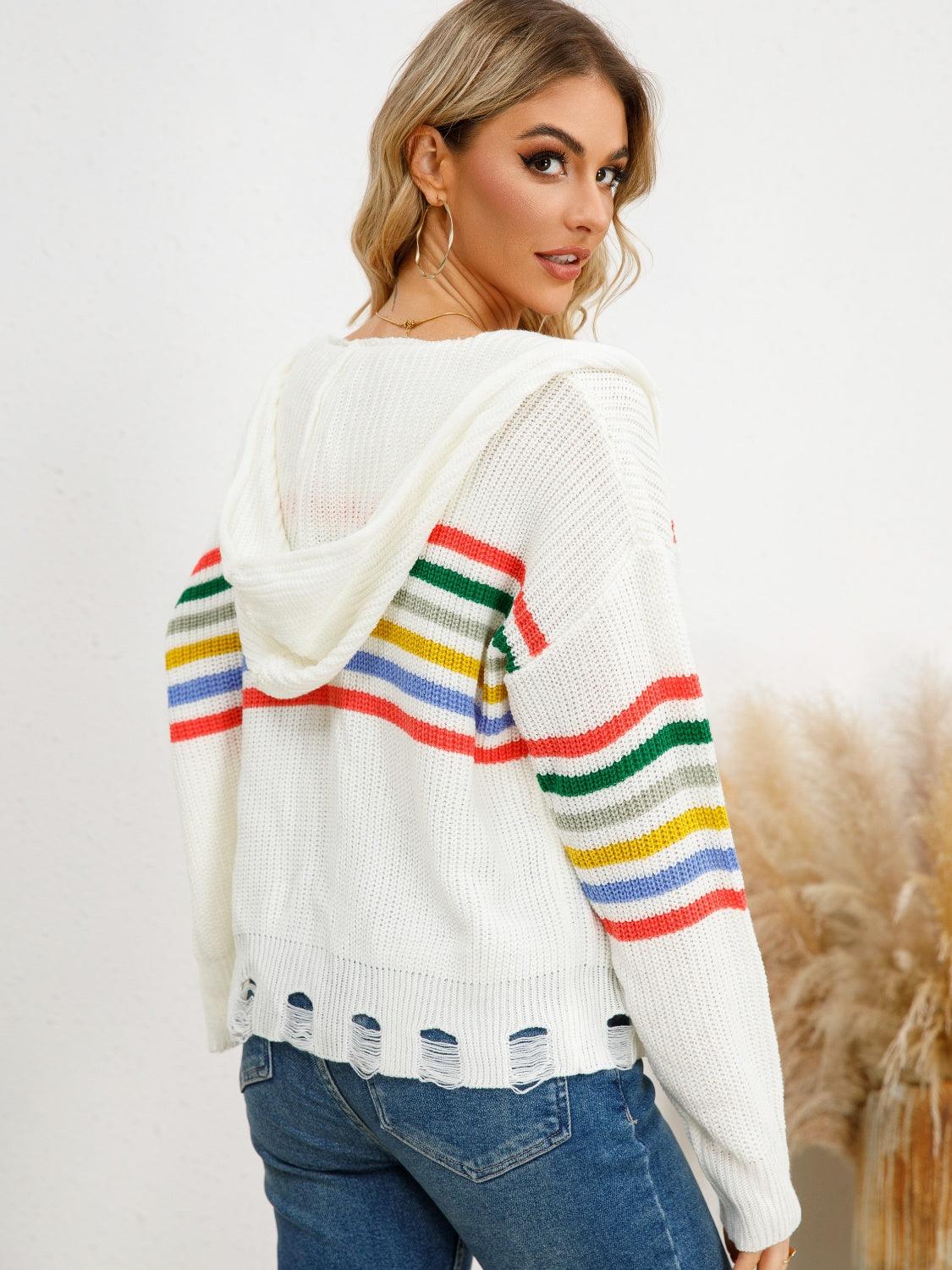 Drawstring Striped Dropped Shoulder Hooded Cardigan Carauana Store