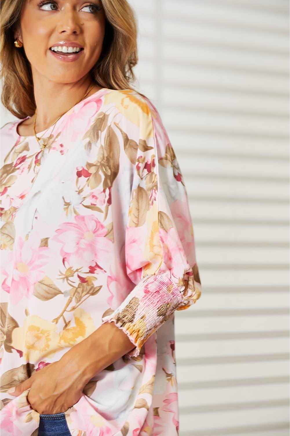 Double Take Floral Round Neck Three-Quarter Sleeve Top Carauana Store