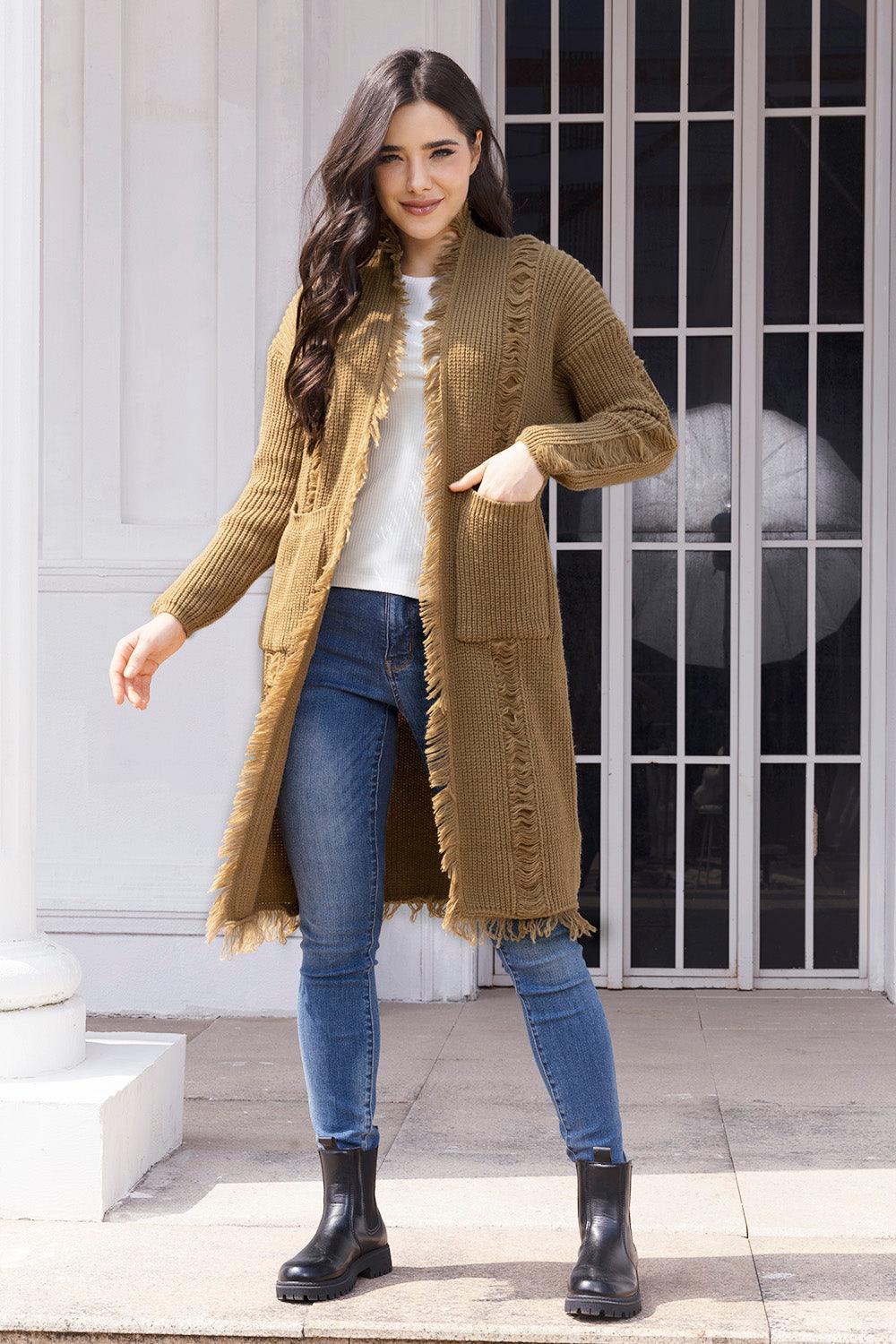 Fringe Trim Open Front Cardigan with Pockets Carauana Store