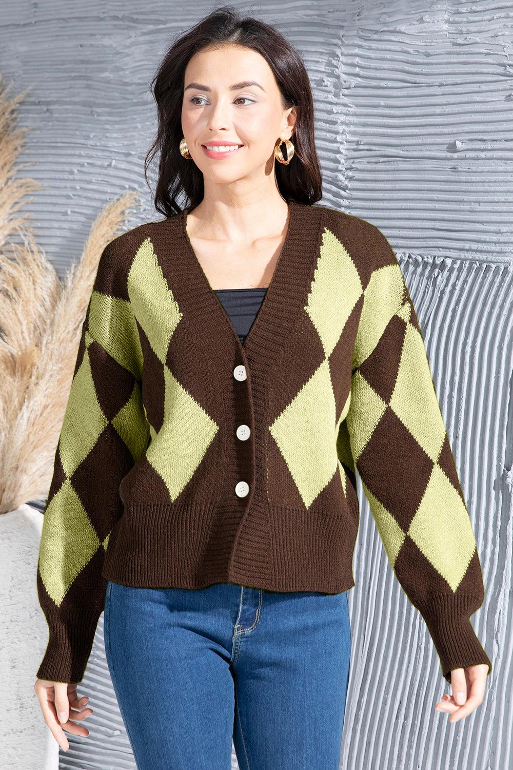 Geometric Button Up Dropped Shoulder Cardigan Carauana Store