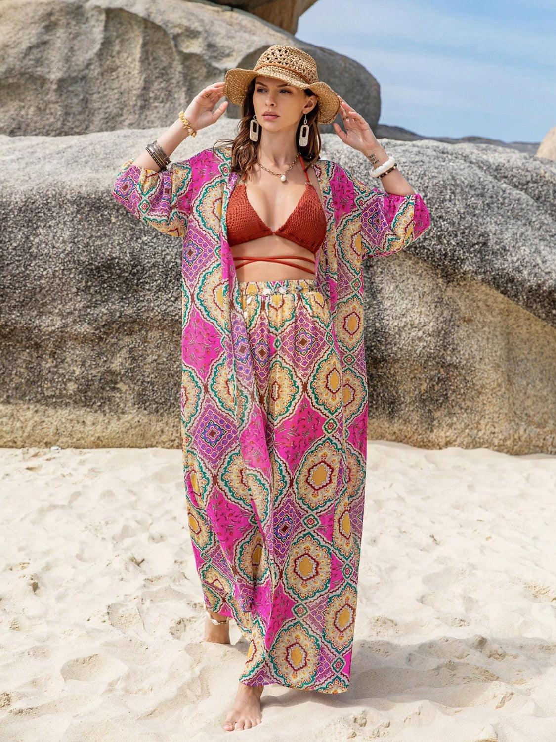 Printed Open Front Cardigan and Pants Set Carauana Store