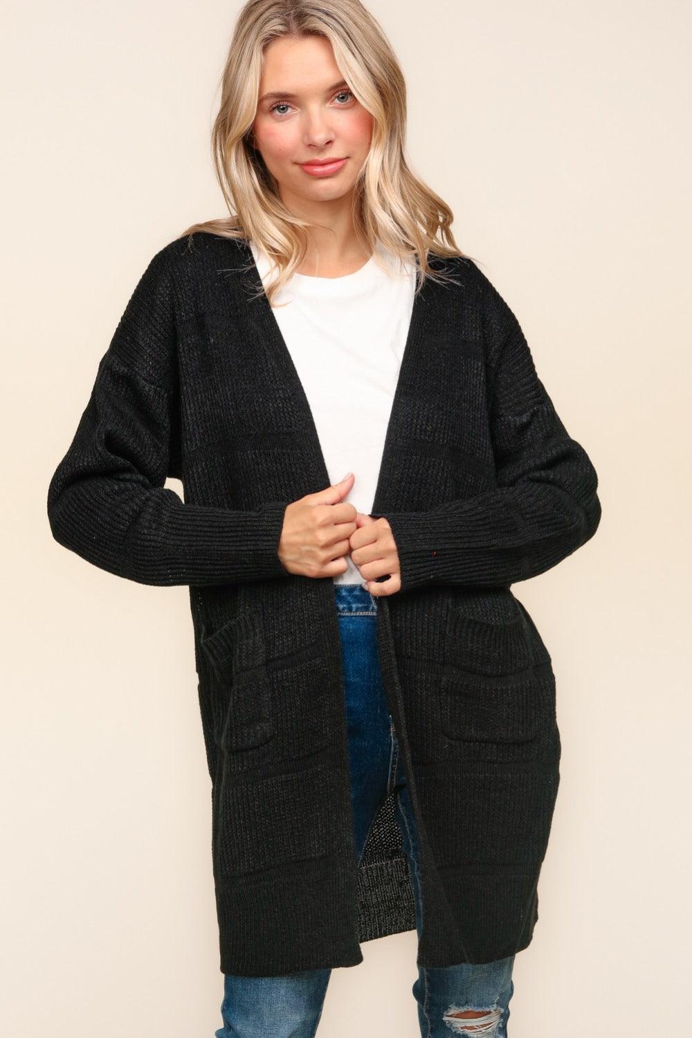 Haptics Stripe Textured Open Front Cardigan with Pockets Carauana Store