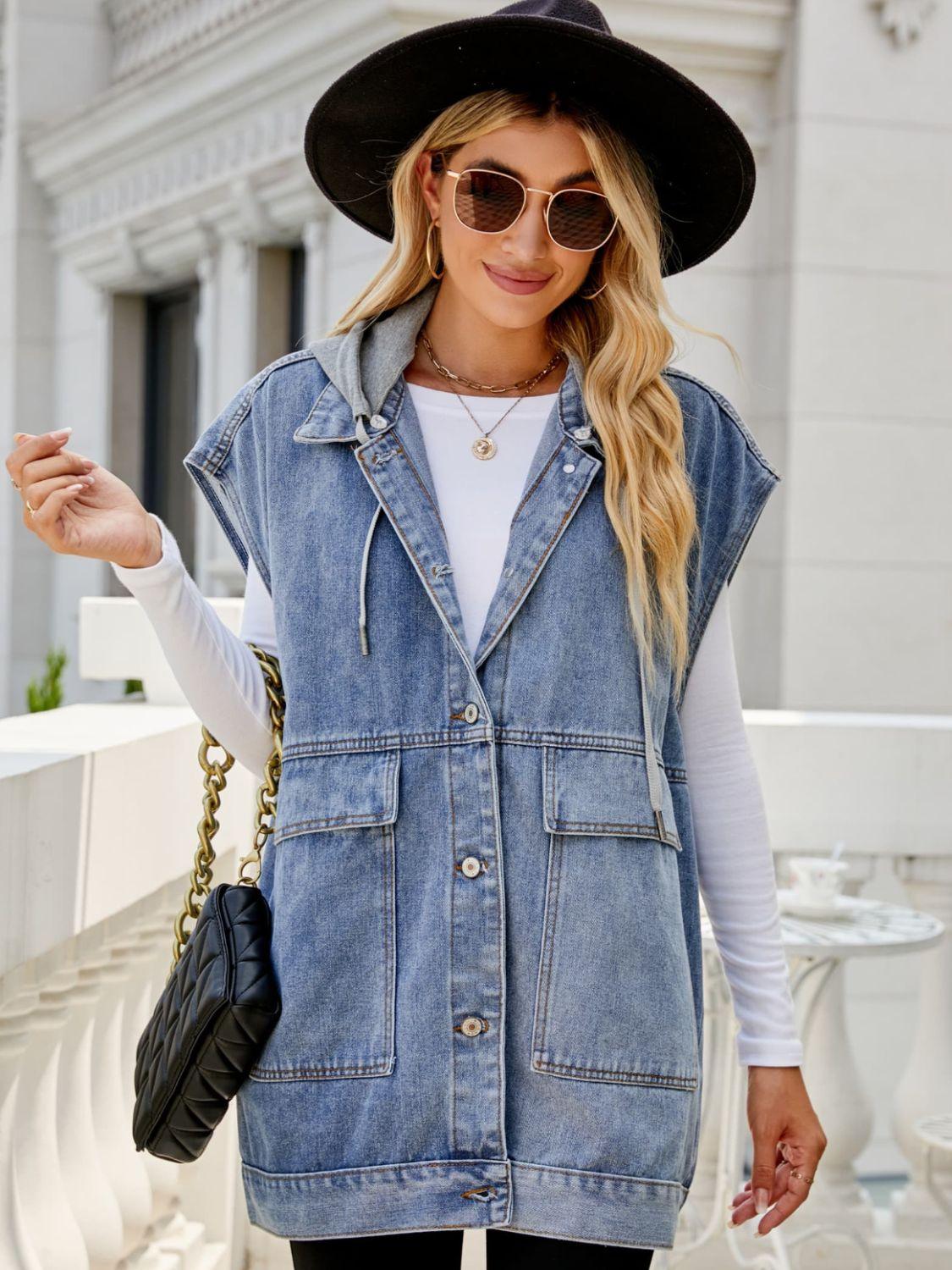 Hooded Sleeveless Denim Top with Pockets Carauana Store
