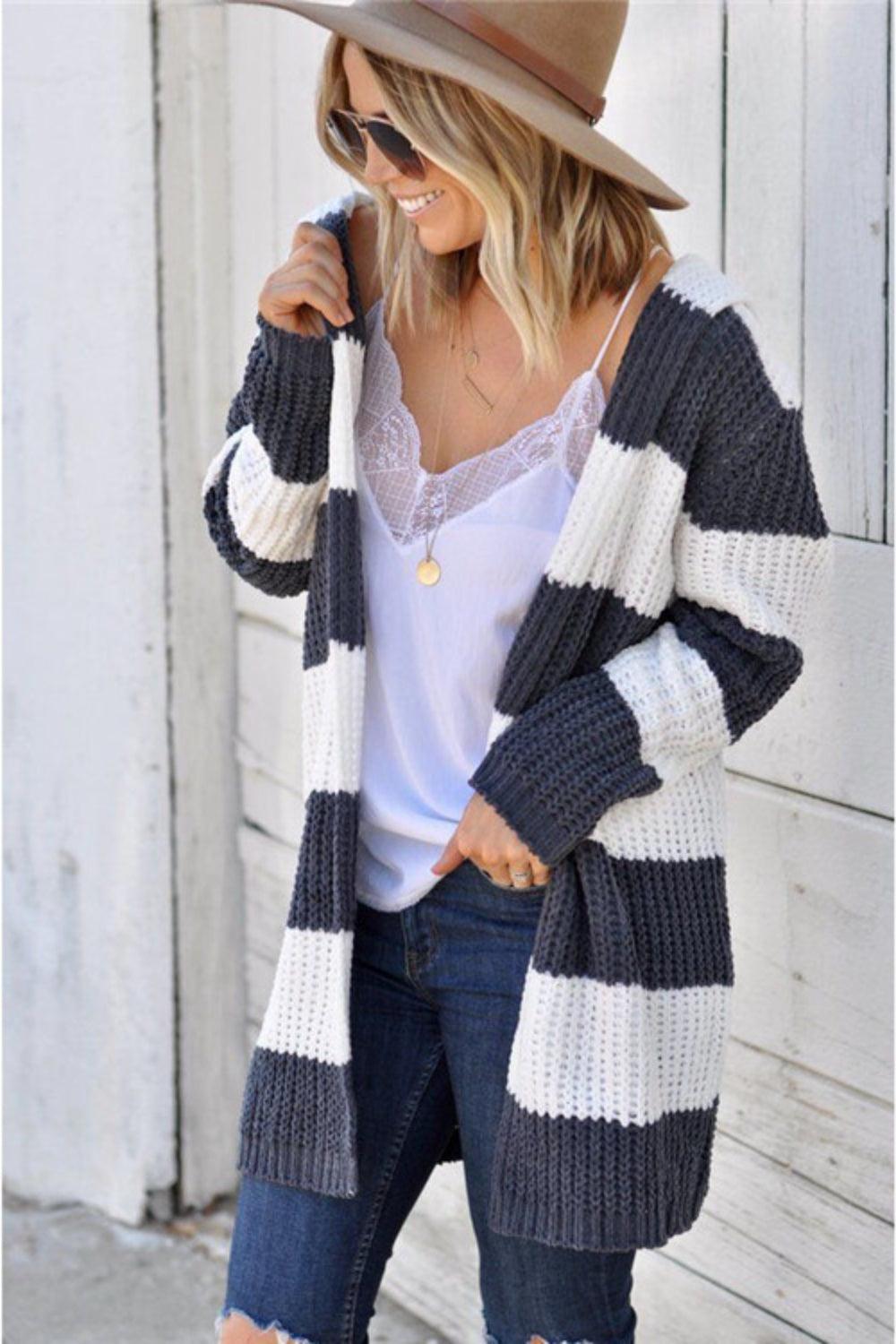 Contrast Stripes Open Front Long Sleeve Cardigan Carauana Store