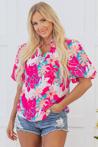 Rose Tropical Plant Printed V Neck Puff Sleeve Blouse