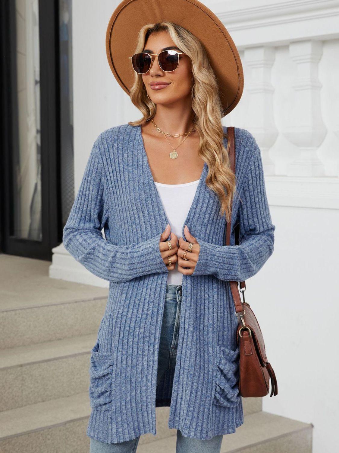 Pocketed Open Front Long Sleeve Cardigan Carauana Store