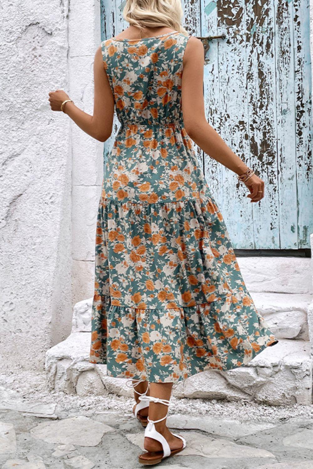Floral V-Neck Tiered Sleeveless Dress Carauana Store
