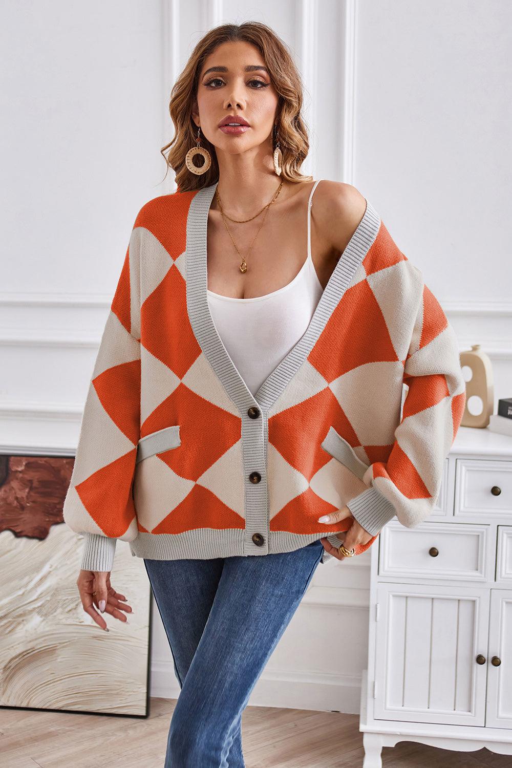 Geometric Lantern Sleeve Cardigan with Pockets Carauana Store