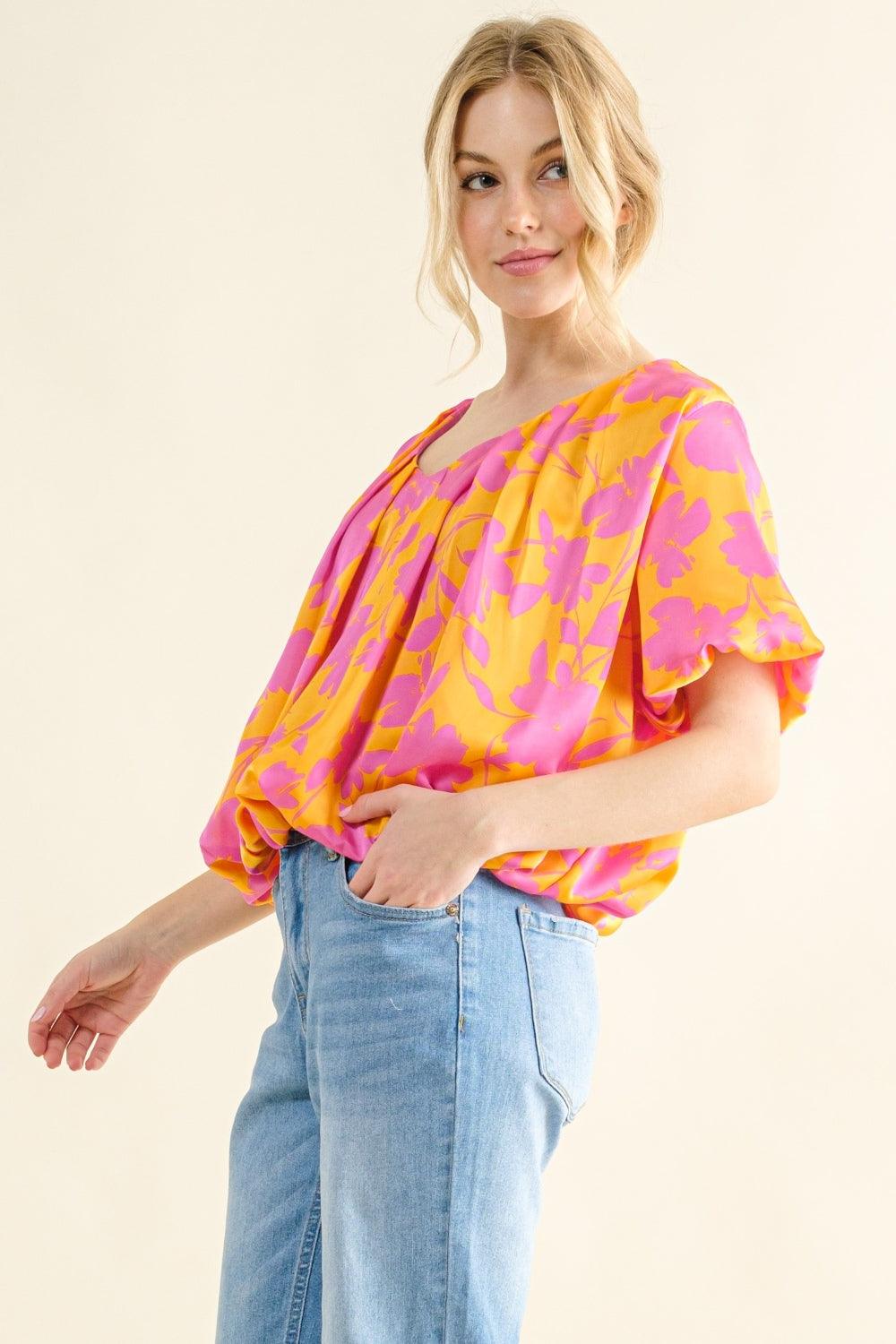 And The Why Full Size Printed Satin Bubble Hem Top Carauana Store