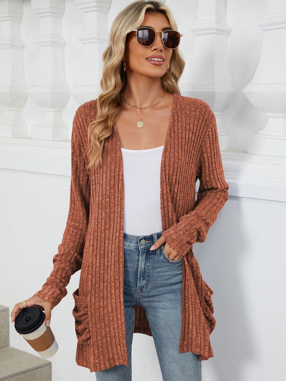 Pocketed Open Front Long Sleeve Cardigan Carauana Store