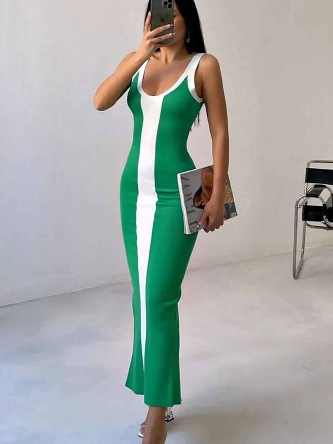 Contrast Wide Strap Slit Midi Dress Carauana Store