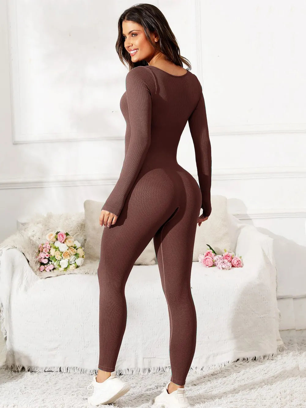 Scoop Neck Long Sleeve Active Jumpsuit Carauana Store