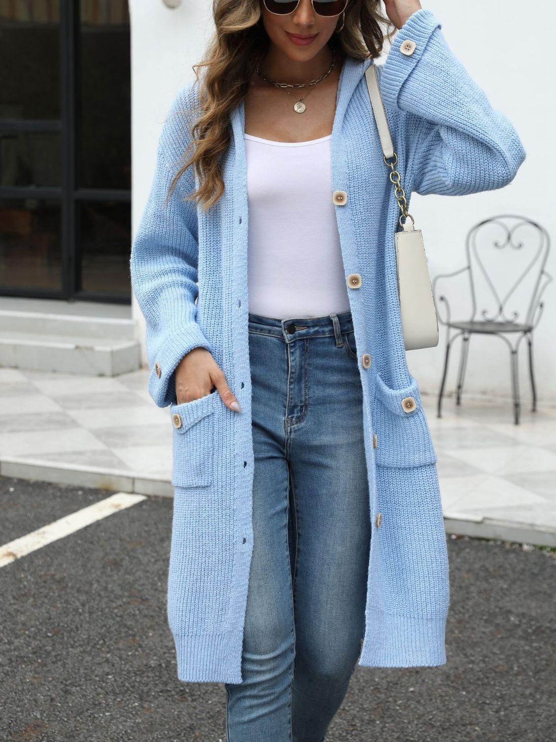 Pocketed Button Up Long Sleeve Hooded Cardigan Carauana Store