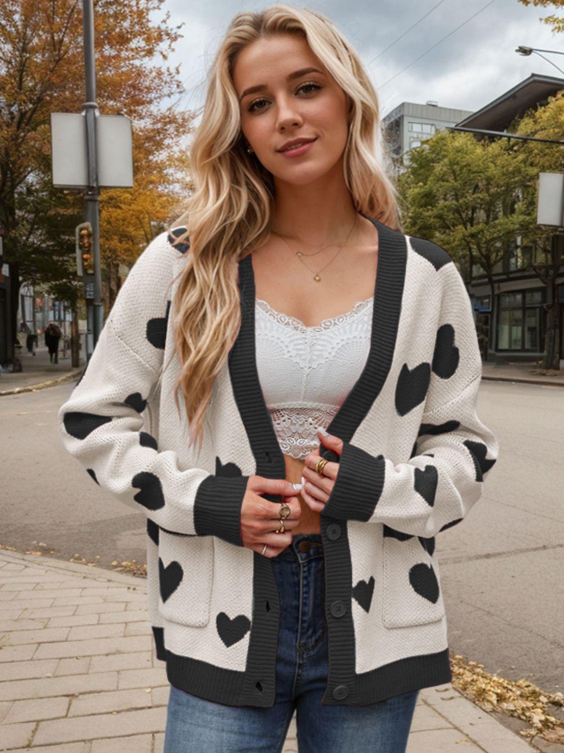 Heart Button Up Dropped Shoulder Long Sleeve Cardigan Carauana Store