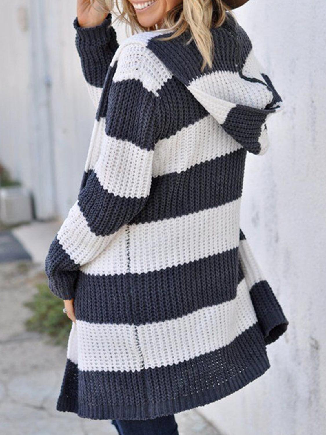Striped Open Front Hooded Cardigan Carauana Store