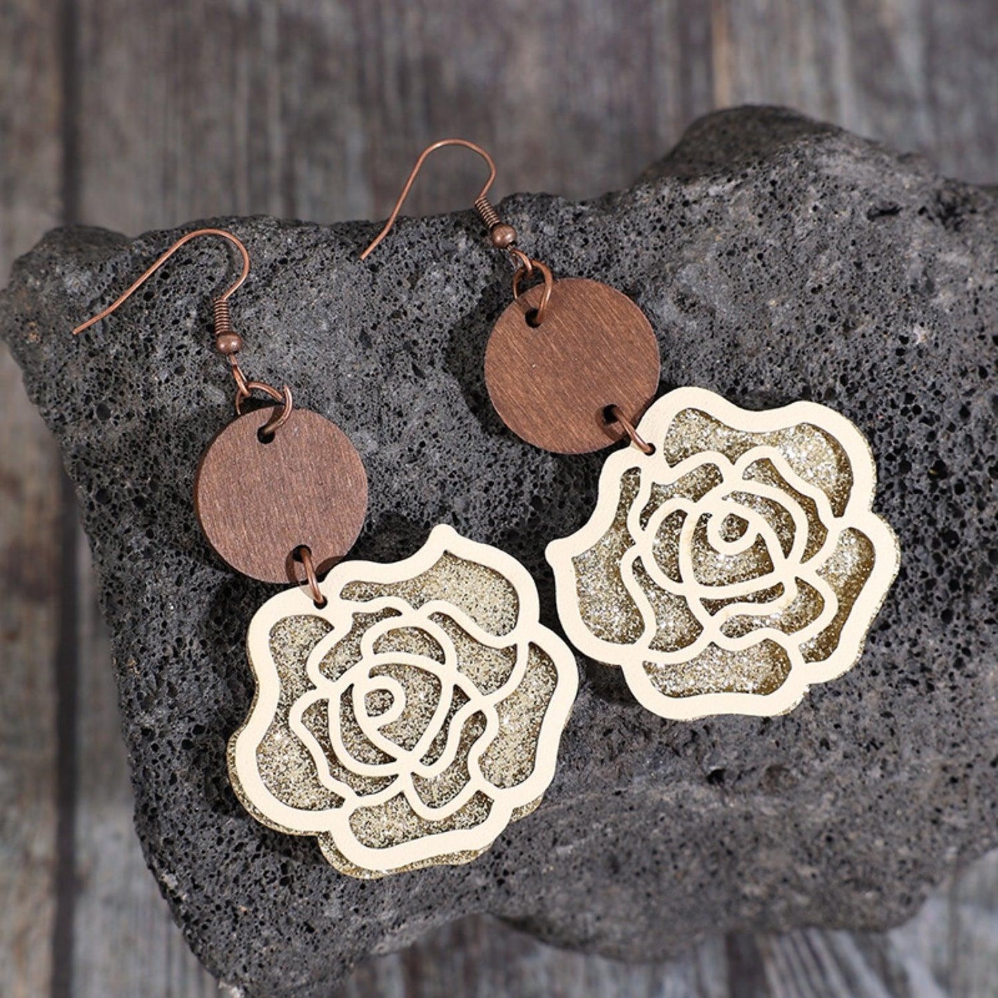 Wooden Alloy Rose Shape Dangle Earrings Carauana Store